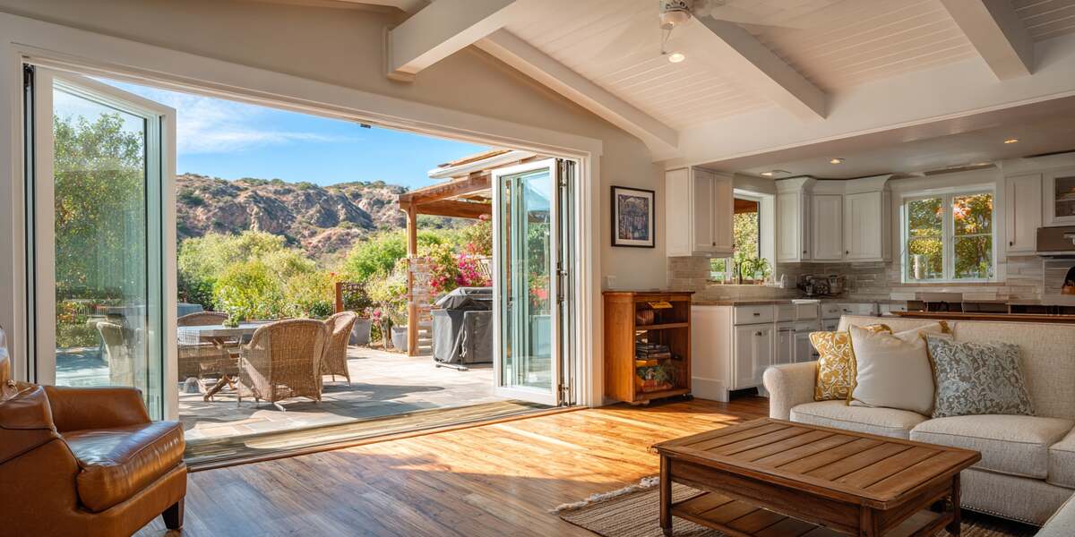 Bright open living space with Laguna Niguel, CA bi-fold doors opening to patio, blending indoor comfort, outdoor views.
