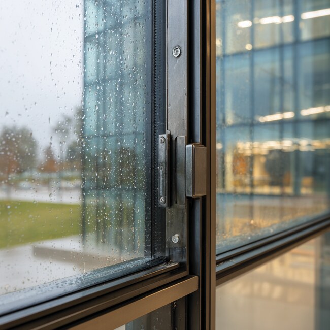 Close-up of aluminum folding door hardware on modern Laguna Niguel, CA bi-fold doors with rain-speckled glass 