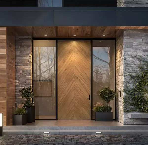 Contemporary wood entry door with glass sidelights and sleek Rancho Santa Margarita CA replacement windows. 