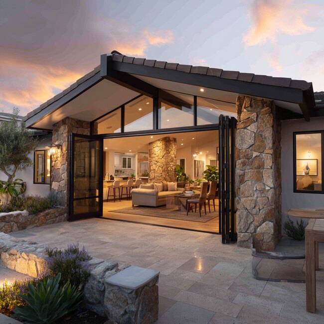 Elegant patio dining area with open glass bi-fold door system in Laguna Niguel, CA for seamless airflow