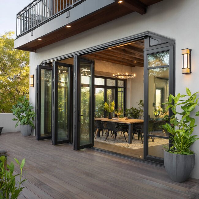 Modern home exterior featuring wide-open Laguna Niguel, CA bi-fold doors blending indoor and outdoor living