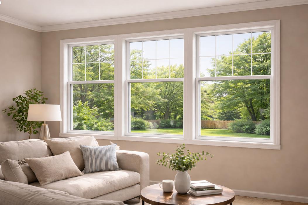 Bright living room with large, energy-efficient windows overlooking a green backyard, showcasing modern Laguna Niguel, CA replacement windows that enhance natural light and home comfort.