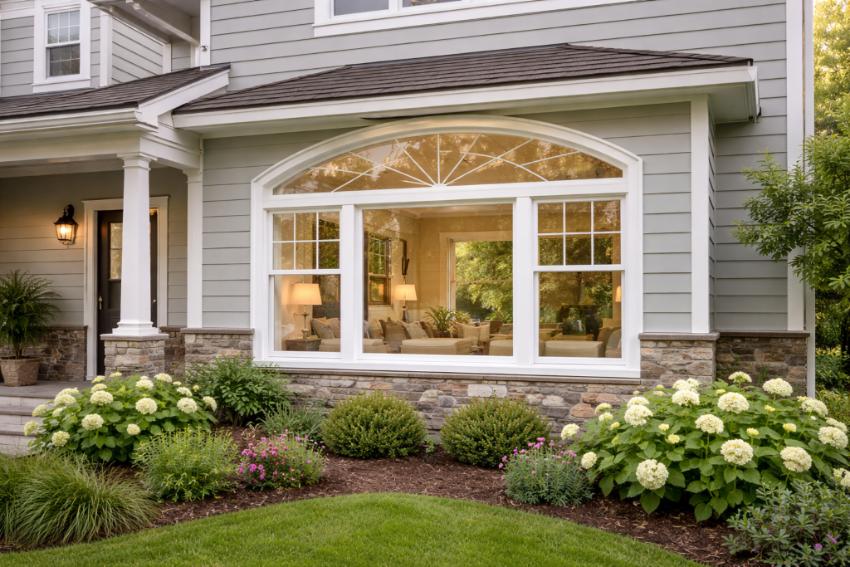 Exterior view of a home featuring a large bay-style window with white framing and decorative transom, showcasing elegant Laguna Niguel, CA replacement windows that enhance curb appeal and natural light.
