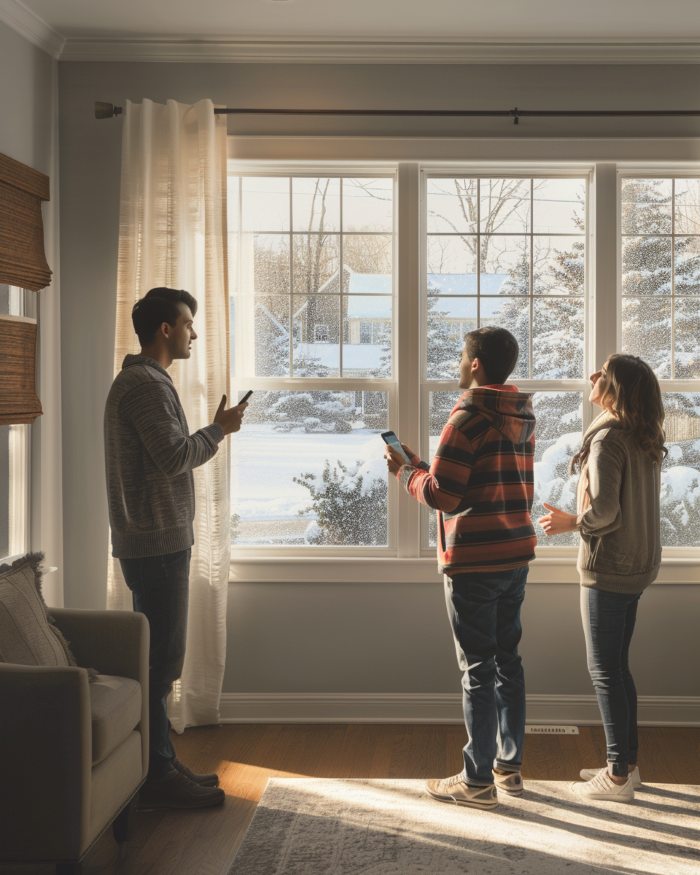 family evaluating drafty living room windows during winter as they consider lake forest, ca replacement windows
