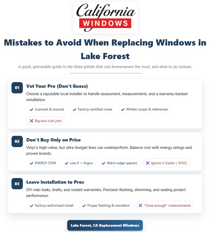 infographic outlining key mistakes homeowners should avoid when choosing lake forest, ca replacement windows and installers