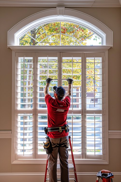 Professional installer adjusting shutters on large arched windows inside a home considering Lake Forest, CA replacement windows