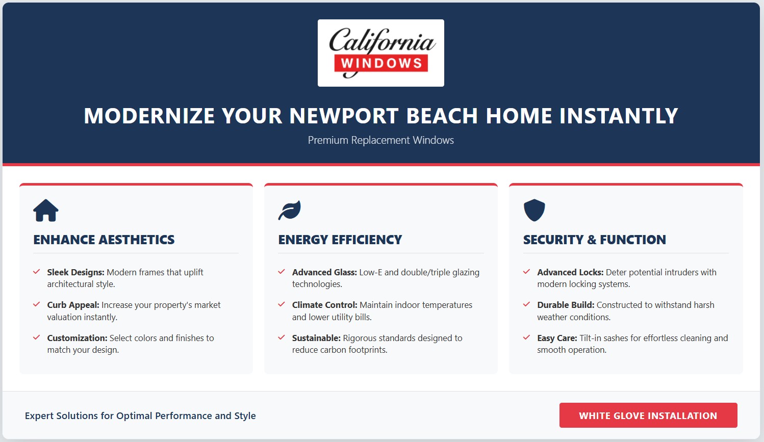 infographic highlighting features of newport beach, ca replacement windows including aesthetics, energy efficiency, and security benefits