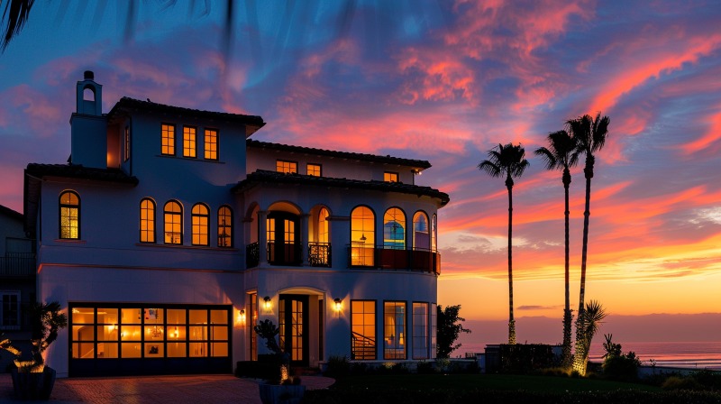coastal home at sunset with large illuminated newport beach, ca replacement windows enhancing the property’s elegance