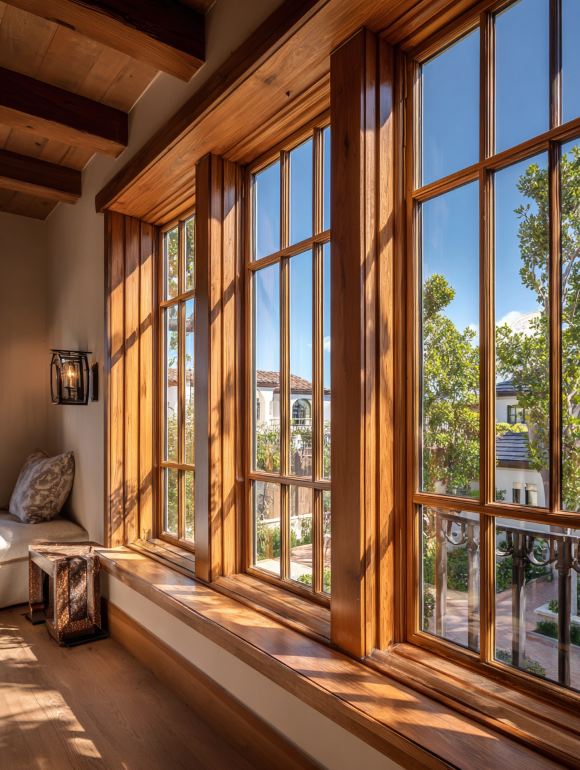 warm wooden interior showcasing newport beach, ca replacement windows with large clear panes overlooking a bright residential view