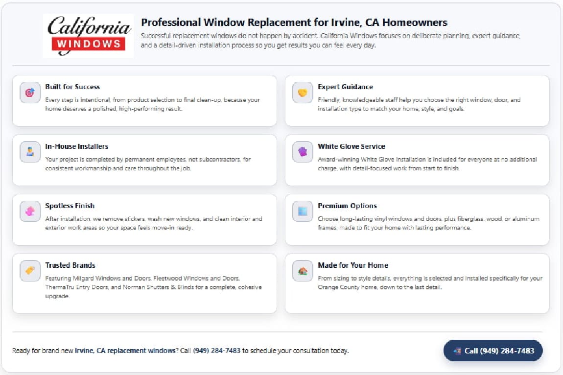 Infographic showing Irvine, CA replacement windows benefits and professional services by California Windows
