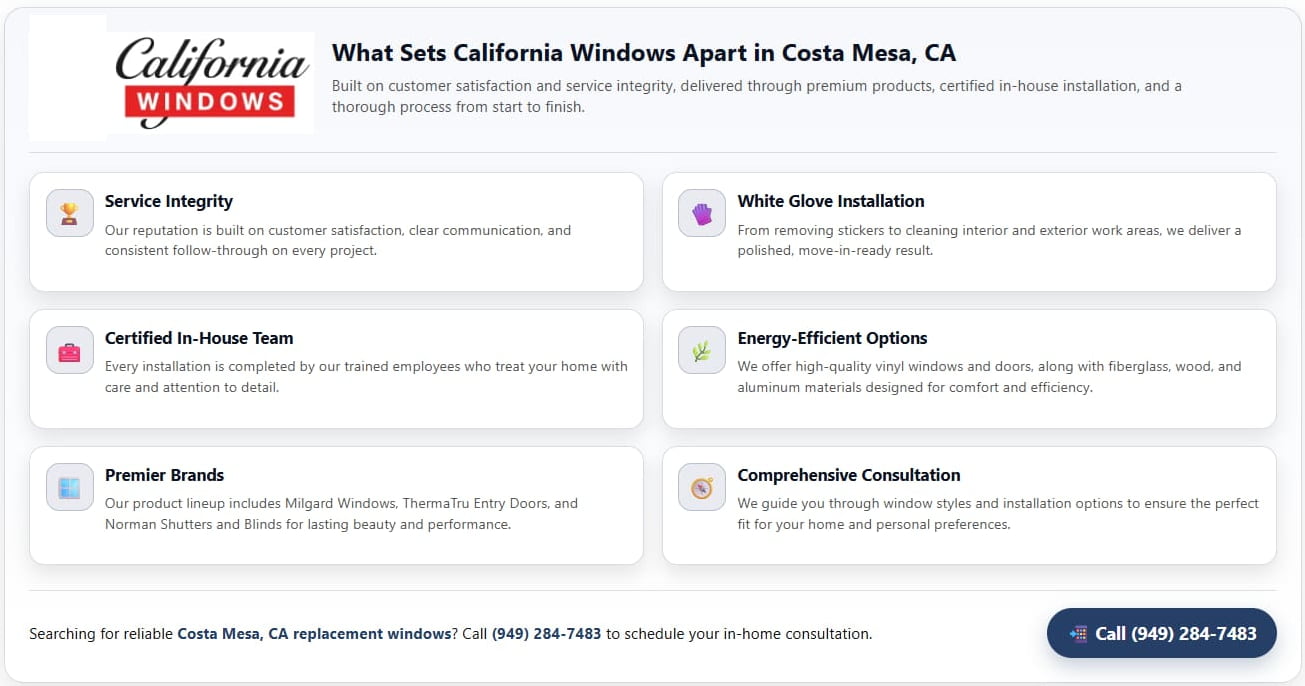 Infographic overview of trusted Costa Mesa, CA replacement windows services from California Windows